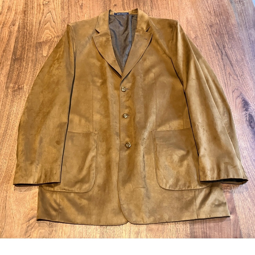 Alan Flusser Mens 42L Faux Suede Blazer Sport Coat Tan 3-Button Plaid Lining